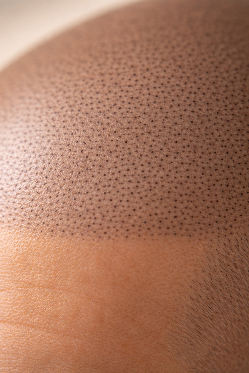 Close-up of scalp micropigmentation showing natural hair follicle replication